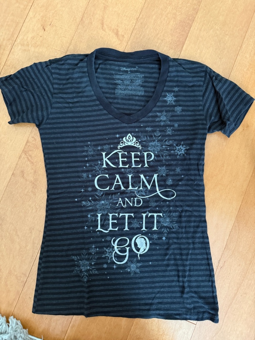 Disney Black and Gray Striped 'Keep Calm and Let It Go' V‑Neck Tee